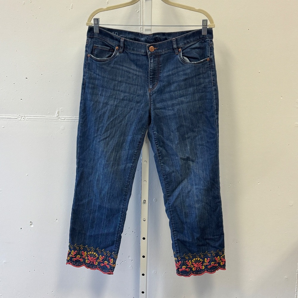Loft Outlet Original Straight Jeans Embroidered Scalloped Hem Medium Wash Sz 10